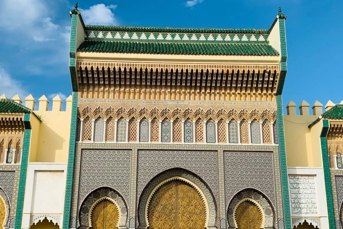The grand golden Royal Palace Gates (Dar el-Makhzen) in Fes, Morocco
