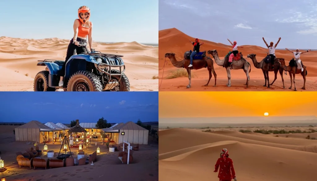 Collage of various Merzouga desert activities, including camel riding, quad biking, and stargazing