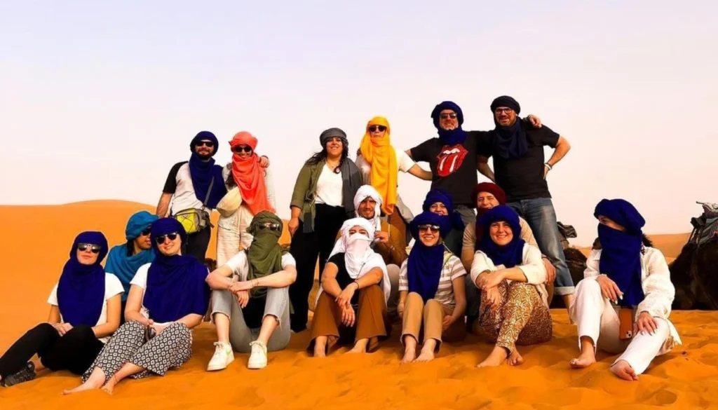 Happy tourists taking photos at sunrise from a high dune near their Merzouga overnight camp