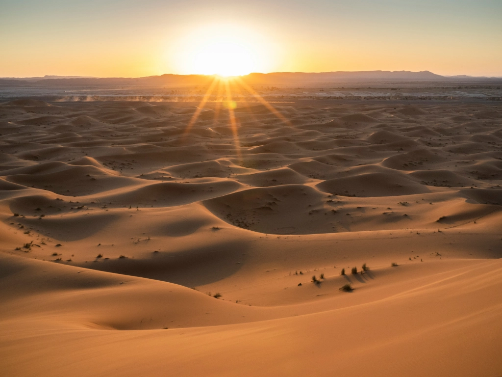 Panoramic view of Erg Chebbi sand dunes in Merzouga at sunset