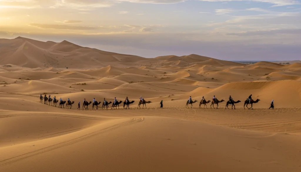 Tourists on camel trek heading to Merzouga overnight camp at sunset with long shadows on dunes