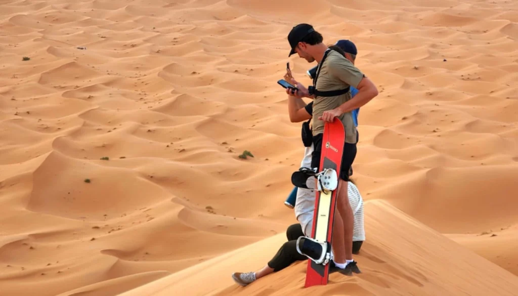 Tourists sandboarding on dunes at the Merzouga overnight camp