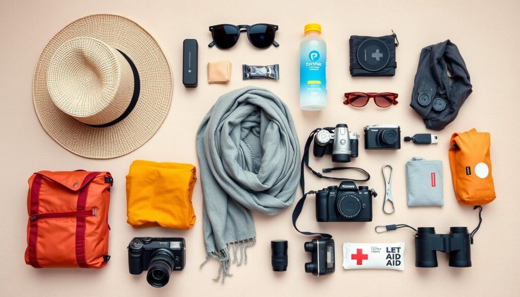 Essential packing items laid out for wild camping Morocco adventure in Merzouga desert