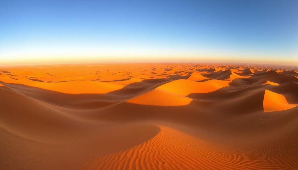 Panoramic view of Erg Chebbi sand dunes in Merzouga during sunset on a 4 days tour from Marrakech to Merzouga