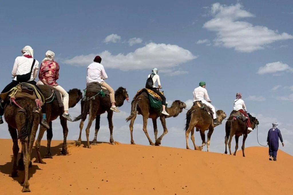 Traditional Berber camel trek across Erg Chebbi dunes for wild camping Morocco adventure