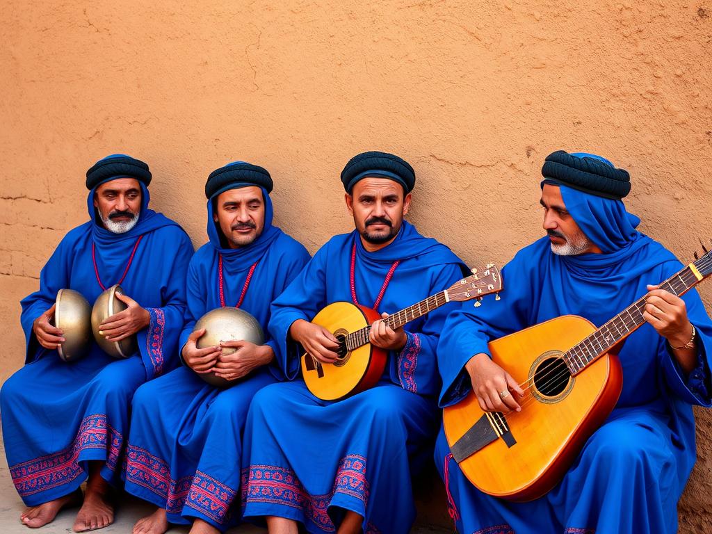 Traditional Gnawa musicians in Khamlia village near Merzouga on a 4 days tour from Marrakech