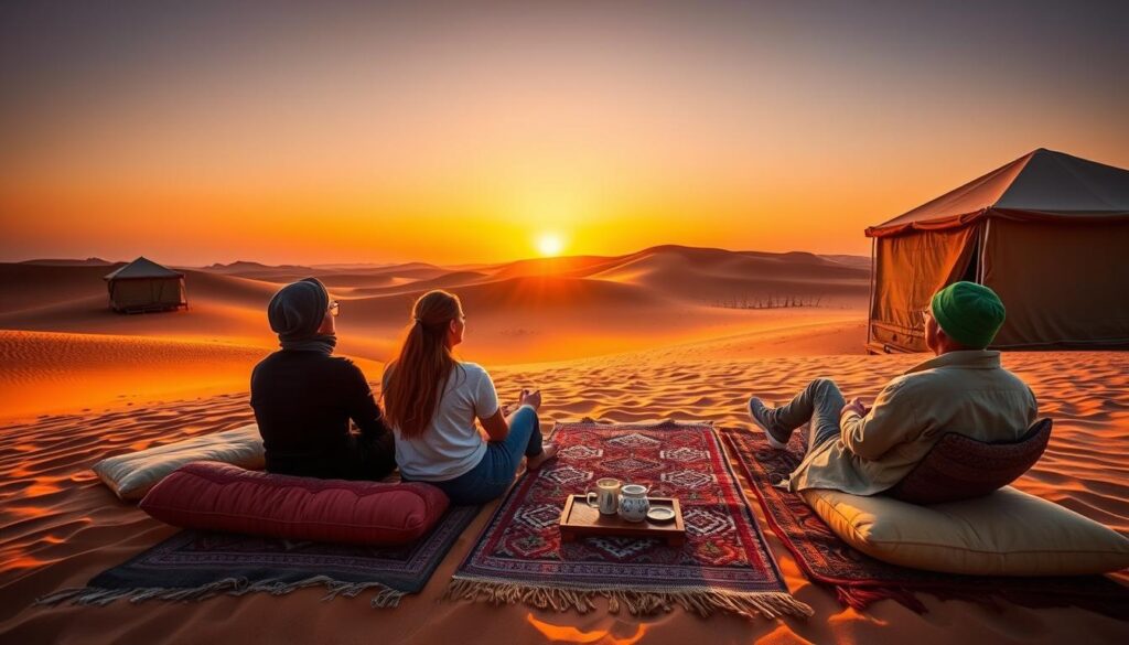 Travelers enjoying sunset views from luxury desert camp in Merzouga on a 4 days tour from Marrakech