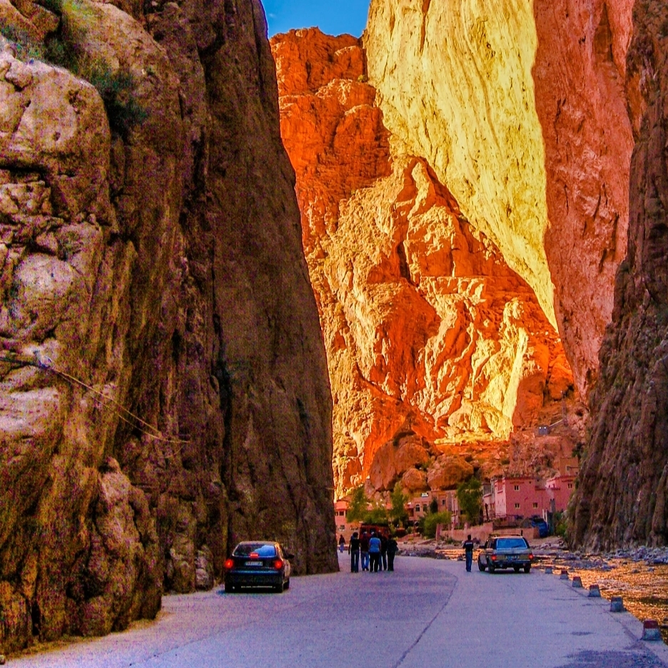 3 days desert tour from Marrakech — Todra Gorge narrow 300 metre orange limestone canyon walls Day 2 stop Morocco